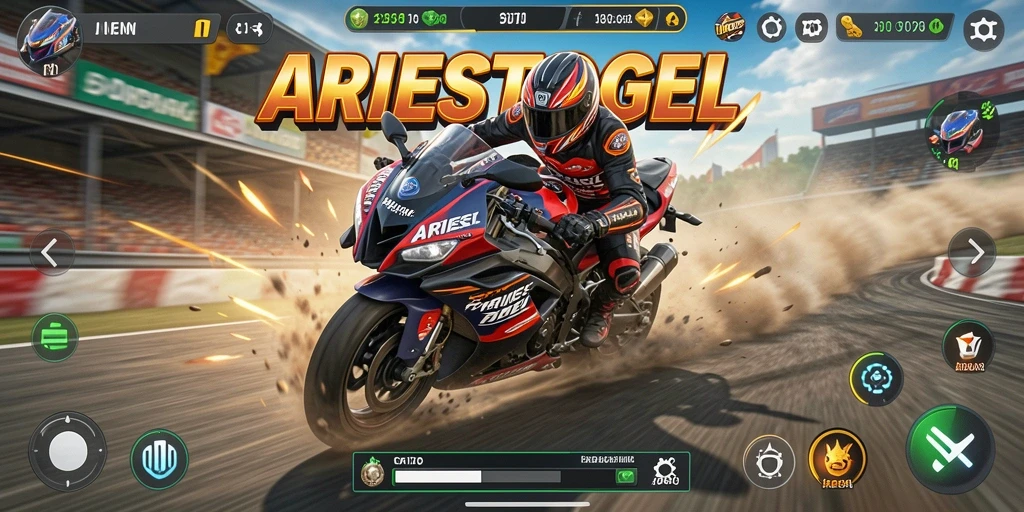 Tampilan gameplay seru di ARIESTOGEL dengan motor balap yang cepat.